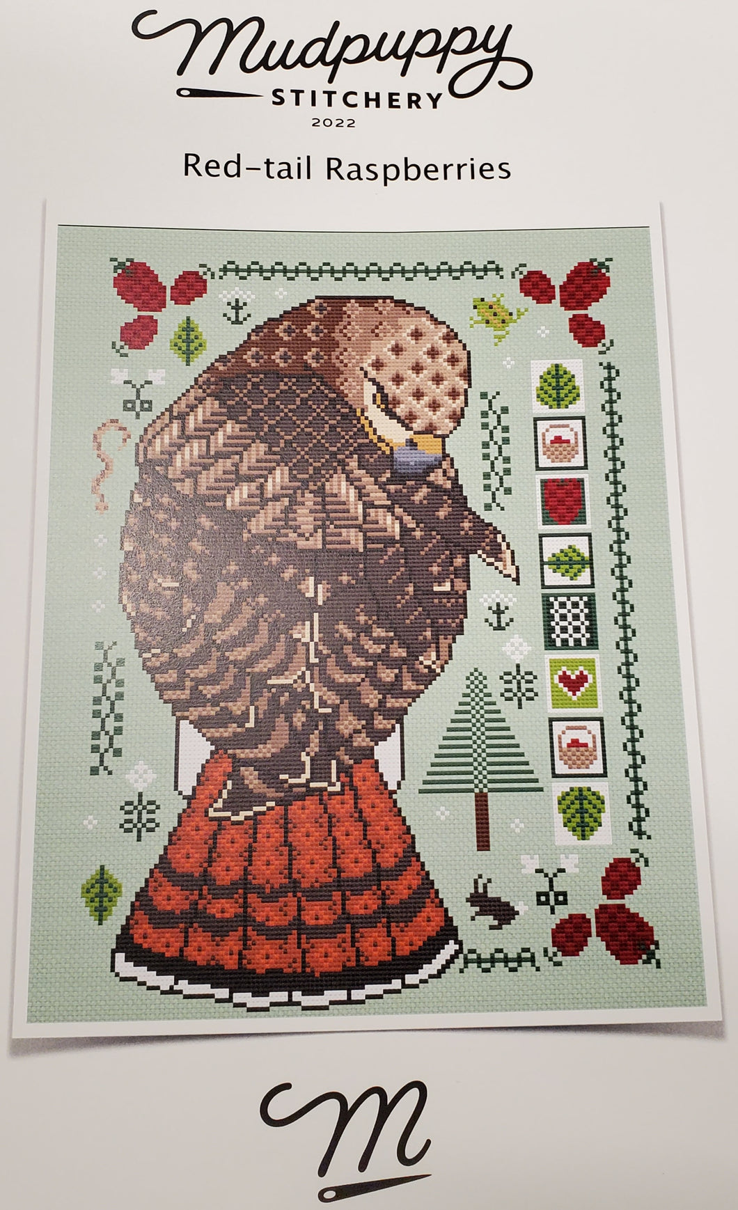 Mudpuppy Stitchery: Red-Tail Hawk Raspberries Cross-Stitch Pattern